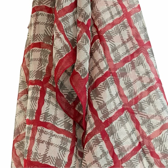 Vintage Echo Red Gray Plaid Geometric Silk Scarf - Picture 3 of 5